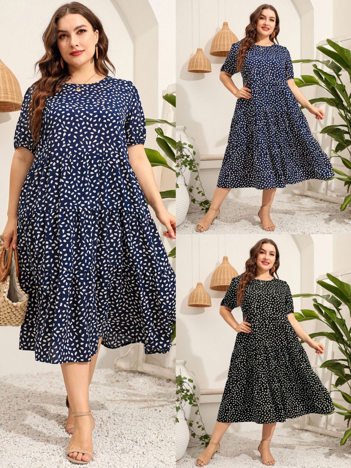Plus Size Women Clothing Irregular Asymmetric Point Short Sleeve Dress Loose Round Neck Large Swing Dress - Image 5