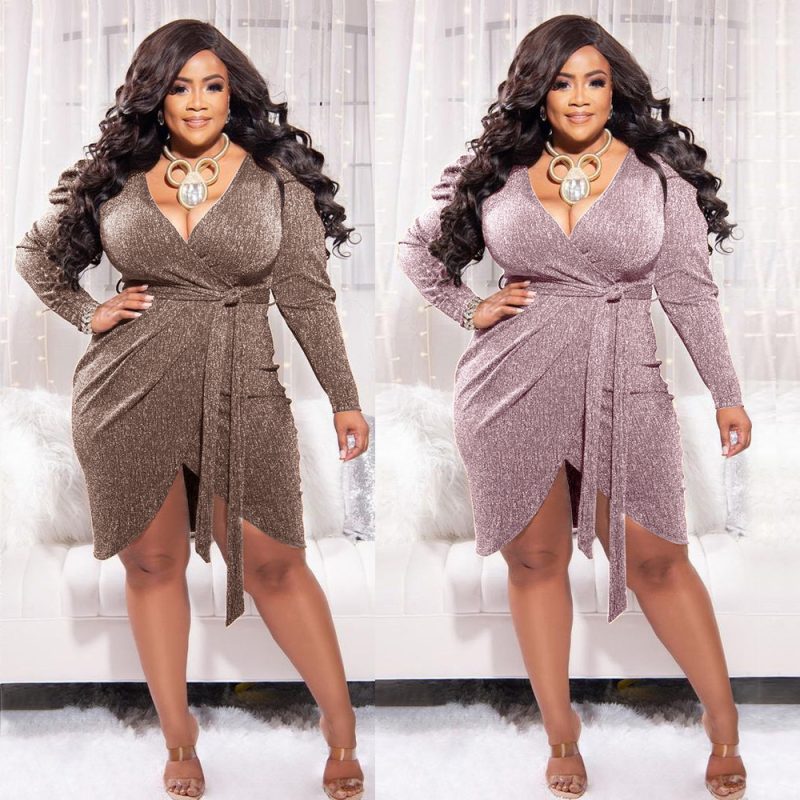 Plus Size Deep V Plunge Plunge Long Sleeve Dress Women Bright Silk Lace-up Sheath Sexy Mini Dress - Image 4