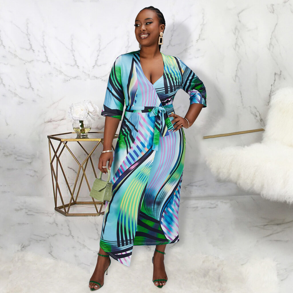 Plus Size Women Clothes Digital Printing Dress Over The Knee V Neck Lace Up Maxi Dress