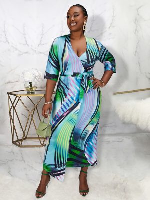 Plus Size Women Clothes Digital Printing Dress Over The Knee V Neck Lace Up Maxi Dress