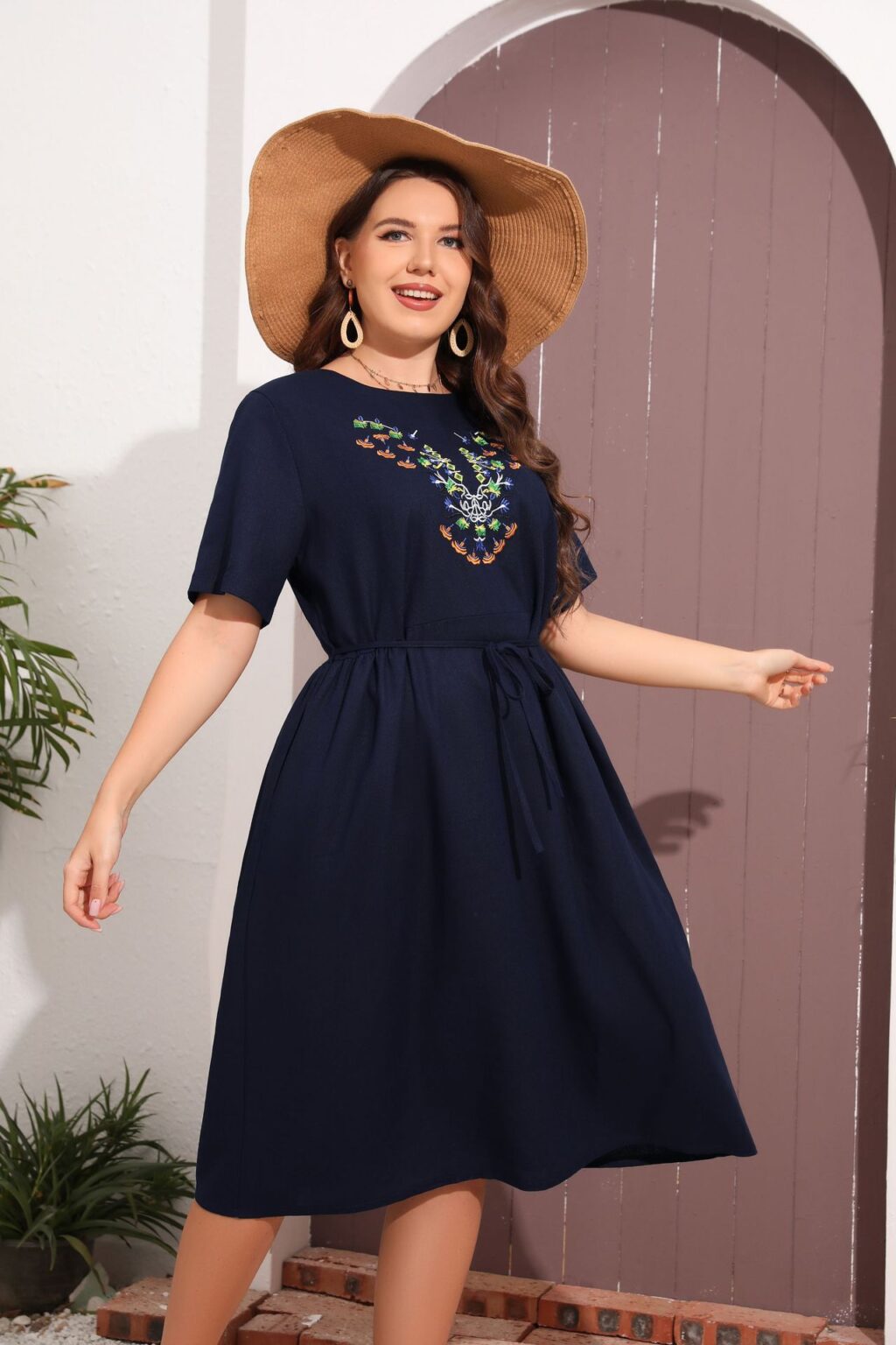 Plus Size Women Clothing round Neck Short Sleeve Embroidered Dress Belt Loose Simple Middle Dress