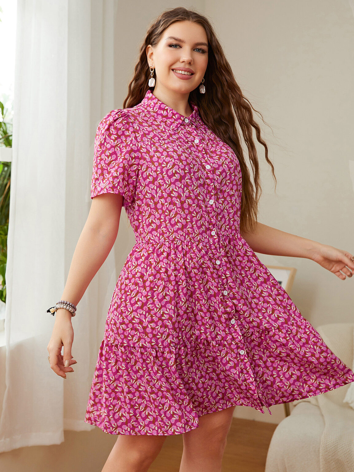 Plus Size Women Clothing Arrival Best-Selling Pink Floral Loose Dress - Image 3