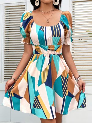 Self Developed Vacation Geometric Abstract Figure Contrast Color Slim Fit Backless High Waist Slimming Puff Sleeve Women  Dress