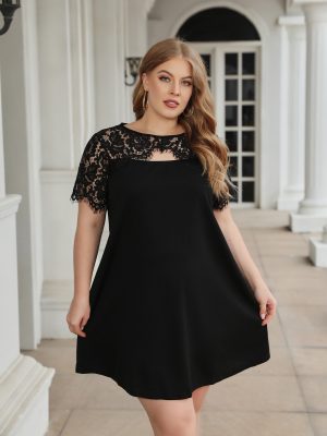 Plus Size Women Solid Color Lace A line Dress