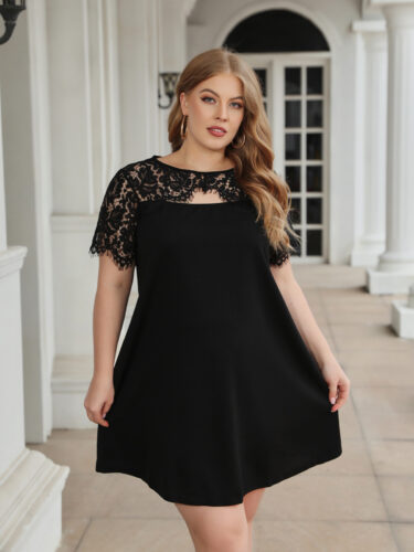 Plus Size Women Solid Color Lace A line Dress