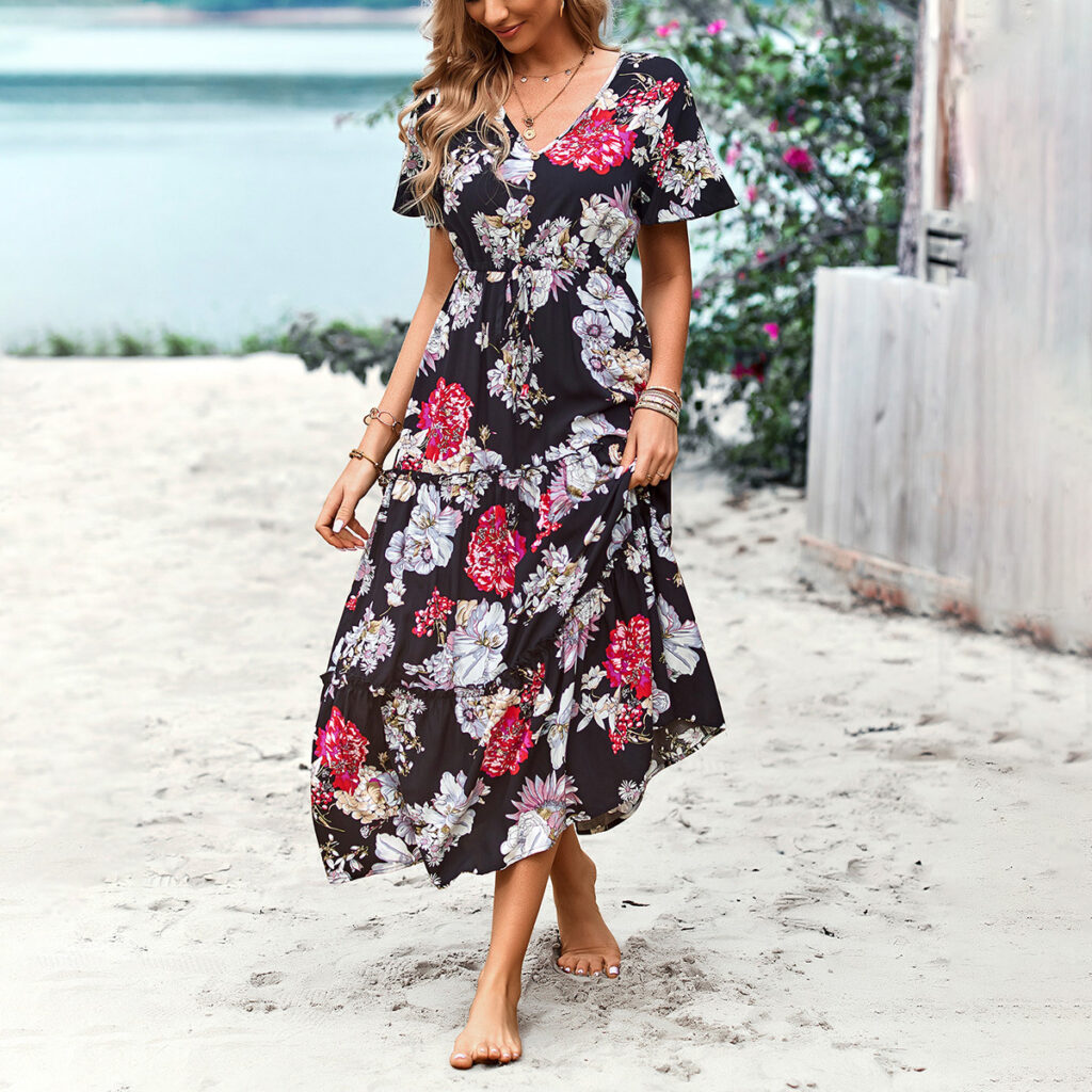 Printed Dress Summer Holiday Casual V neck Maxi Dress
