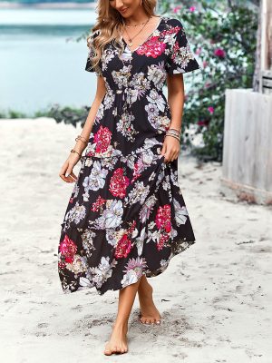 Printed Dress Summer Holiday Casual V neck Maxi Dress