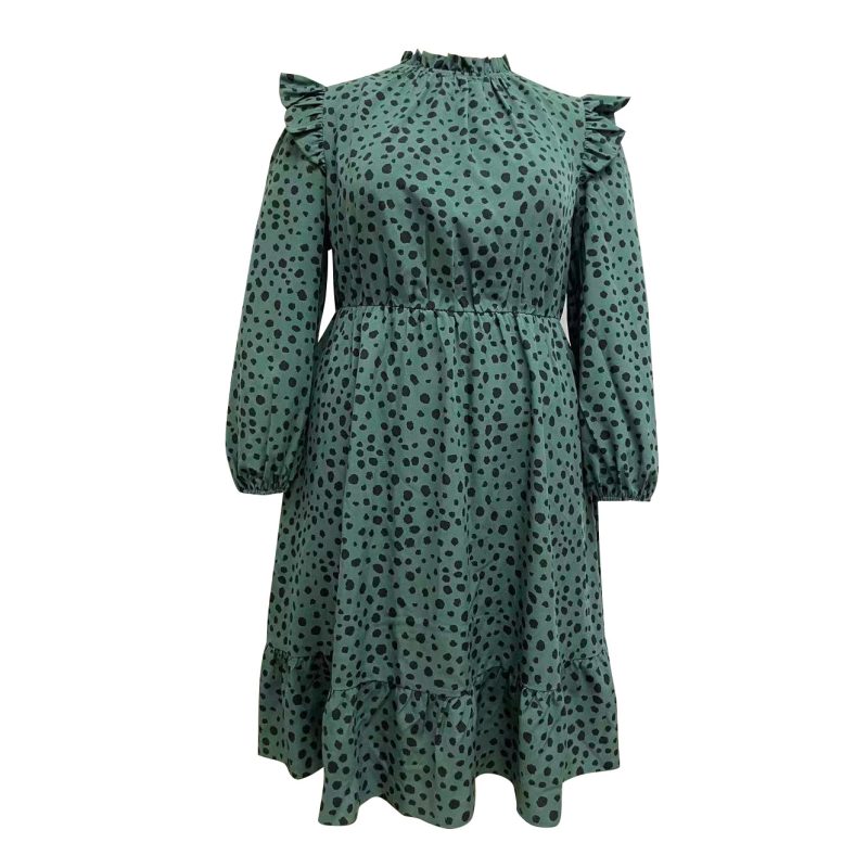 Plus Size Spring Summer Half Turtleneck Polka Dot Floral Flounce Waist  Tight - Image 2
