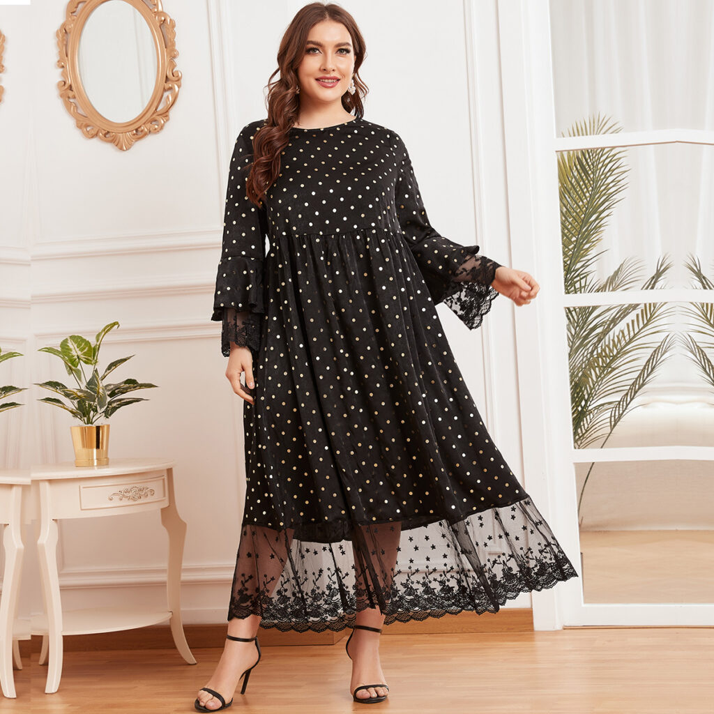 Plus Size Women round Neck Flared Long Sleeve Bronzing Dotted Prints Lace Stitching Waist-Slimming Muslim Maxi Dress