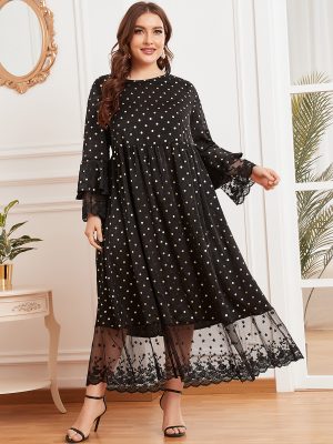 Plus Size Women round Neck Flared Long Sleeve Bronzing Dotted Prints Lace Stitching Waist-Slimming Muslim Maxi Dress