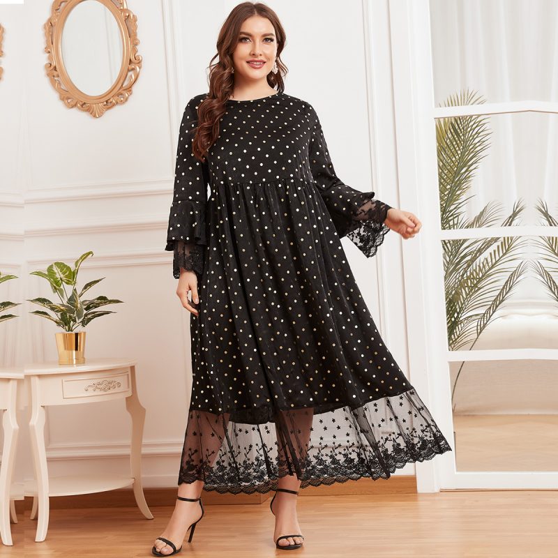 Plus Size Women round Neck Flared Long Sleeve Bronzing Dotted Prints Lace Stitching Waist-Slimming Muslim Maxi Dress