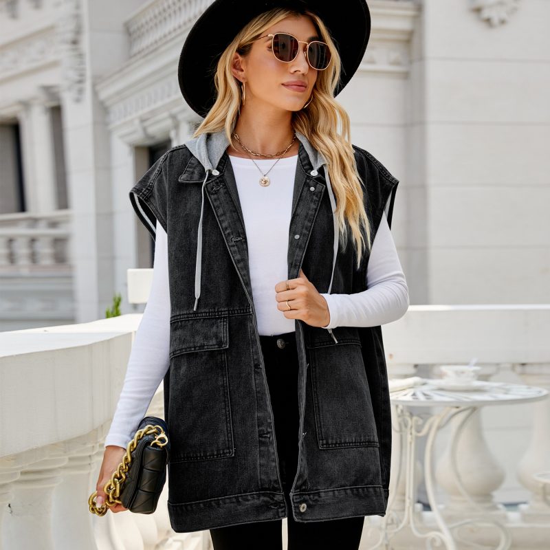 Denim Waistcoat Vest Women Trendy Denim Sleeveless Hooded Vest Detachable - Image 3