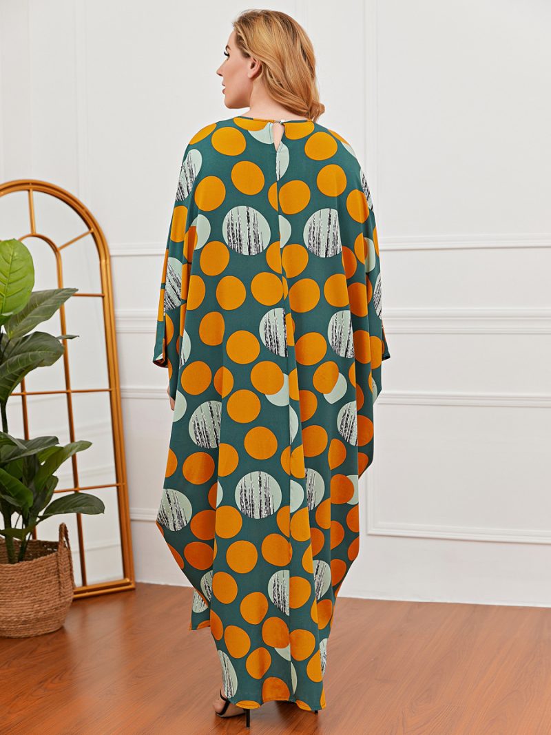 Plus Size Women Loose Casual Green Polka Dot Batwing Sleeve Dress Robe - Image 5