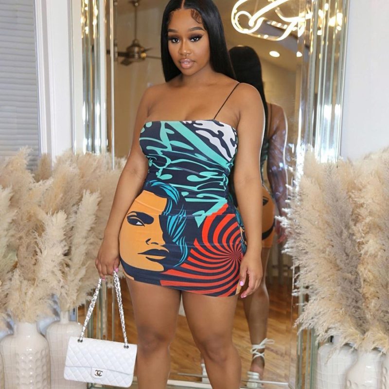 Women Clothing Summer 3d Printed Strap Backless Sexy Slim Sheath Dress - Image 2