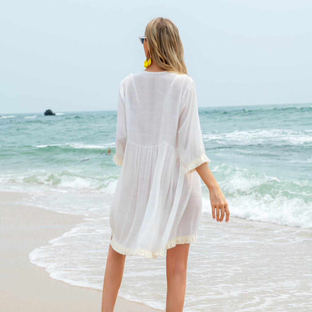 Seaside Vacation Women V Neck Bikini Cotton Blouse Sexy Fimbrilla Beach Dress - Image 4