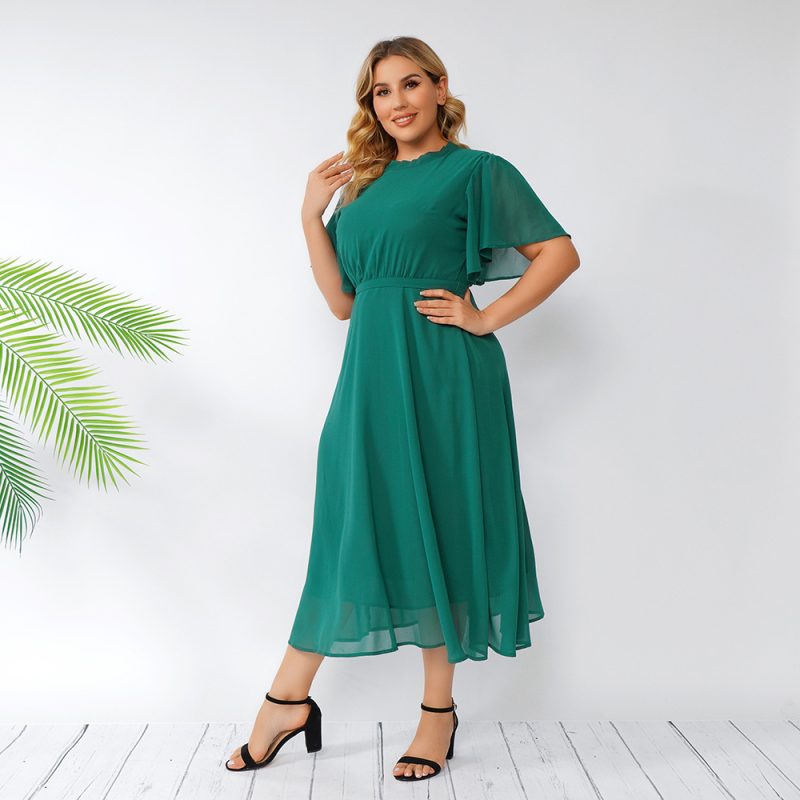 Plus Size Summer  Women Green Dresses Flare Sleeve Ruffles Backless Chiffon Dress - Image 3
