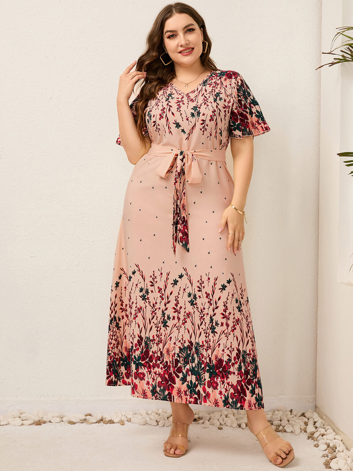 Plus Size Ladies  Bilateral Positioning Printed V-neck Lace up Casual Holiday Swing Dress - Image 2