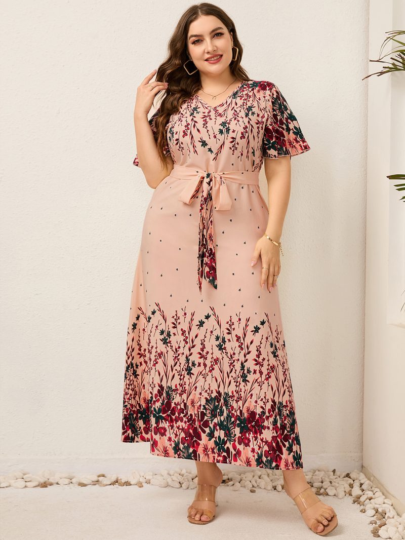 Plus Size Ladies  Bilateral Positioning Printed V-neck Lace up Casual Holiday Swing Dress - Image 2