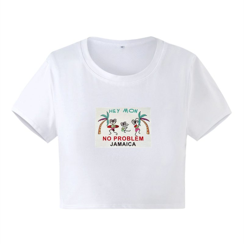 Women Clothing Summer New Internet Celebrity No Problem Letter Graphic Printing Slim Fit Short Short Sleeve T shirt - Image 5