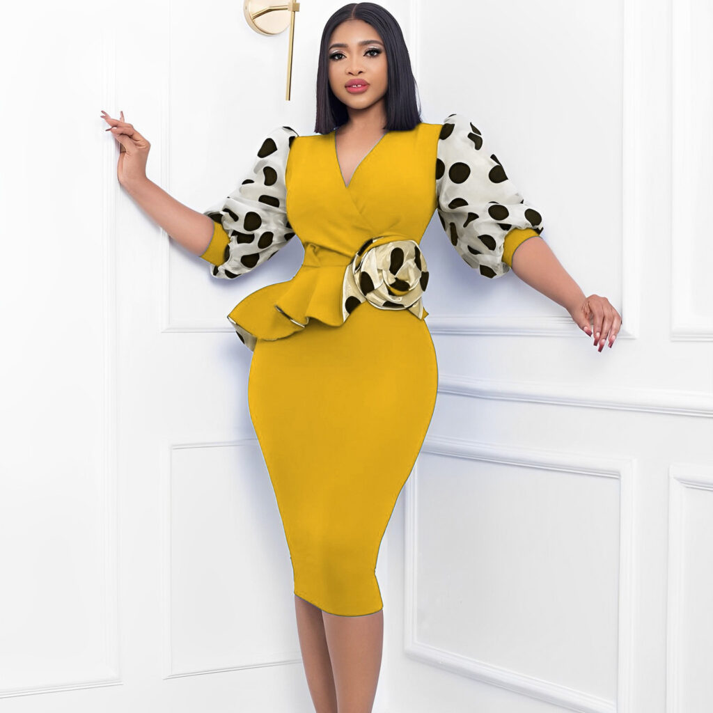 Women Summer Knitted Stitching Dotted Prints Puff Sleeve Pencil Dress 3D Decoration - Image 2
