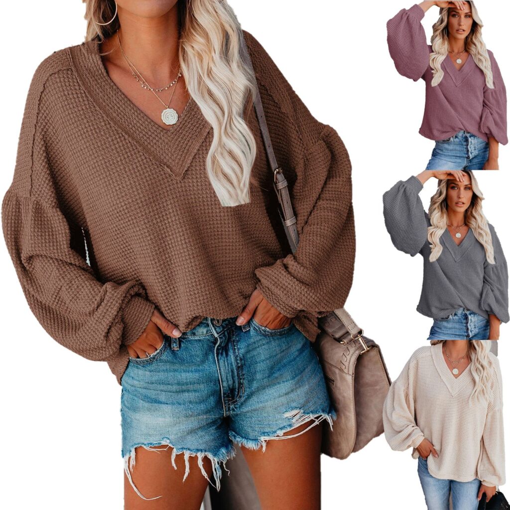 Autumn Winter Women Wear Loose V-neck Sweater Bishop Sleeves Top - Image 5