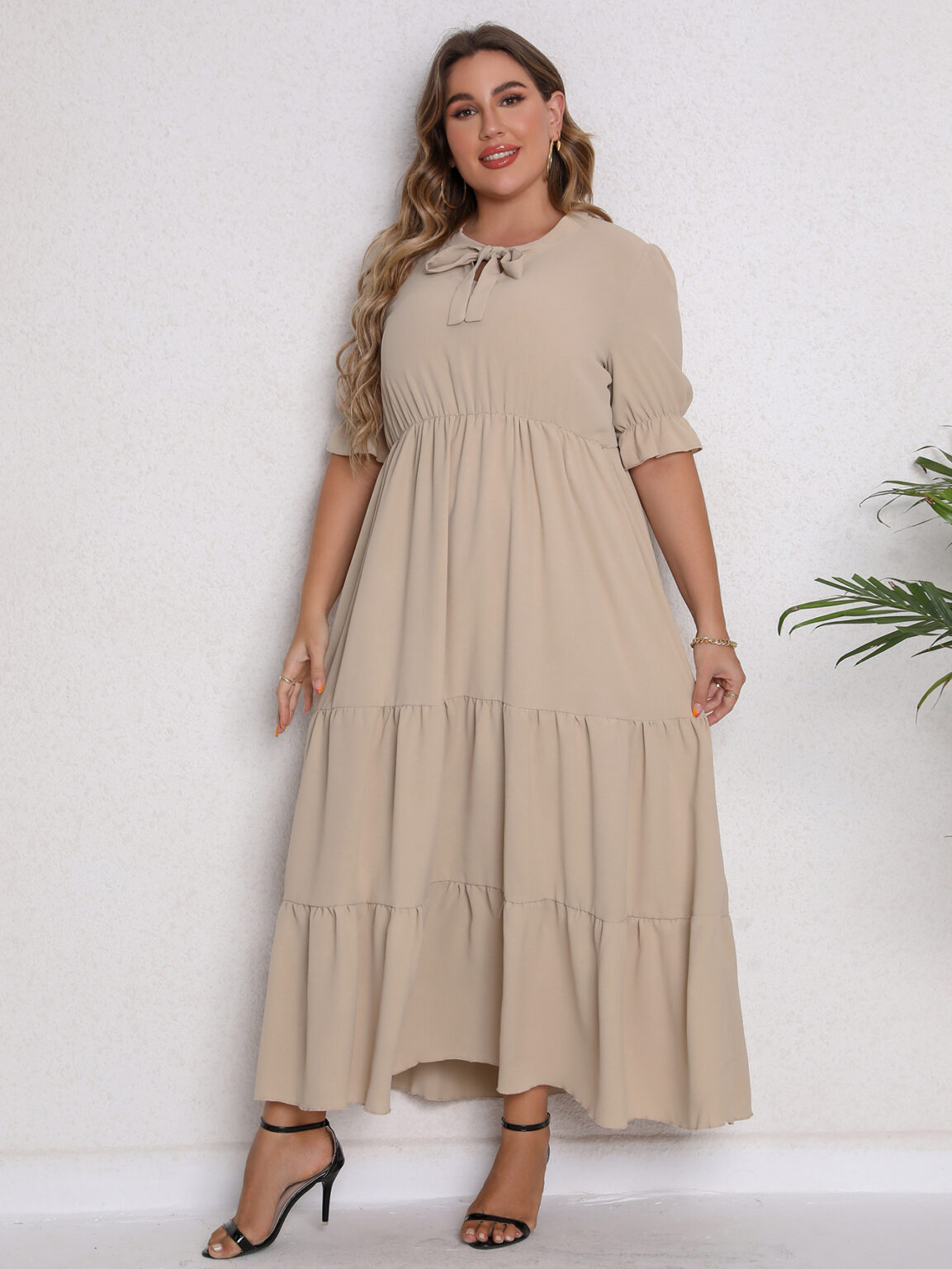 Plus Size Women Summer round Neck Short Sleeve Bow Dress - Image 3