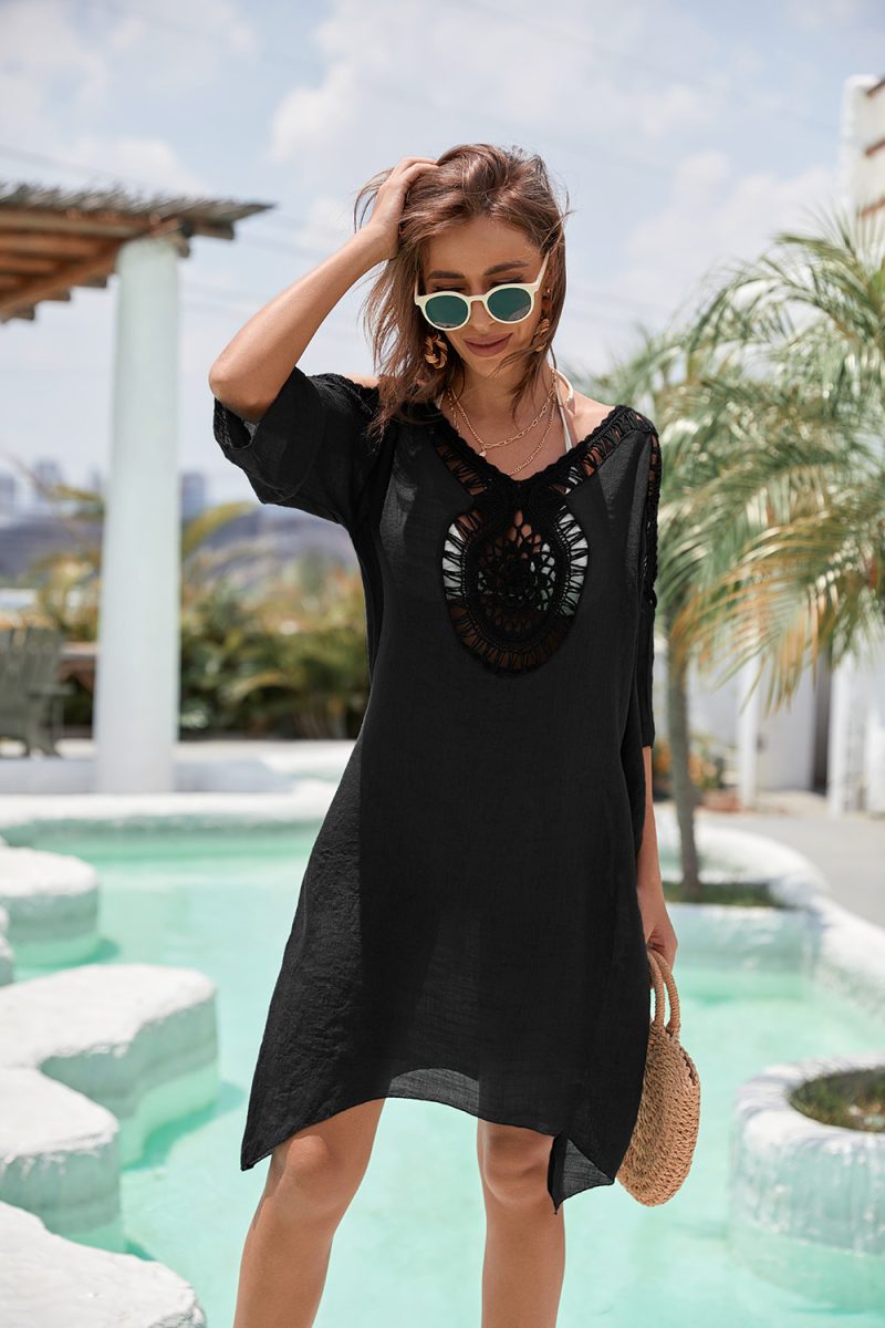 Summer Shoulder-Baring Sexy V-neck Black V-neck One-Piece Slimming Average Size Long Sleeve Women Mid-Length Beach Cover-up Dress - Image 2