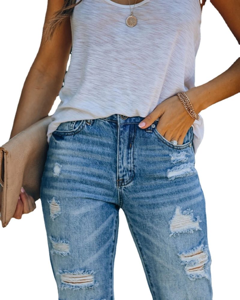 Ripped Slimming Denim Straight Washed Casual Pants - Image 5