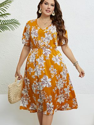 Summer Yellow Printings Waist Slimming Dress Women