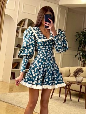 Women  Clothing Summer French Design Slimming A  line Dress Doll Collar Long Sleeve Floral Dress