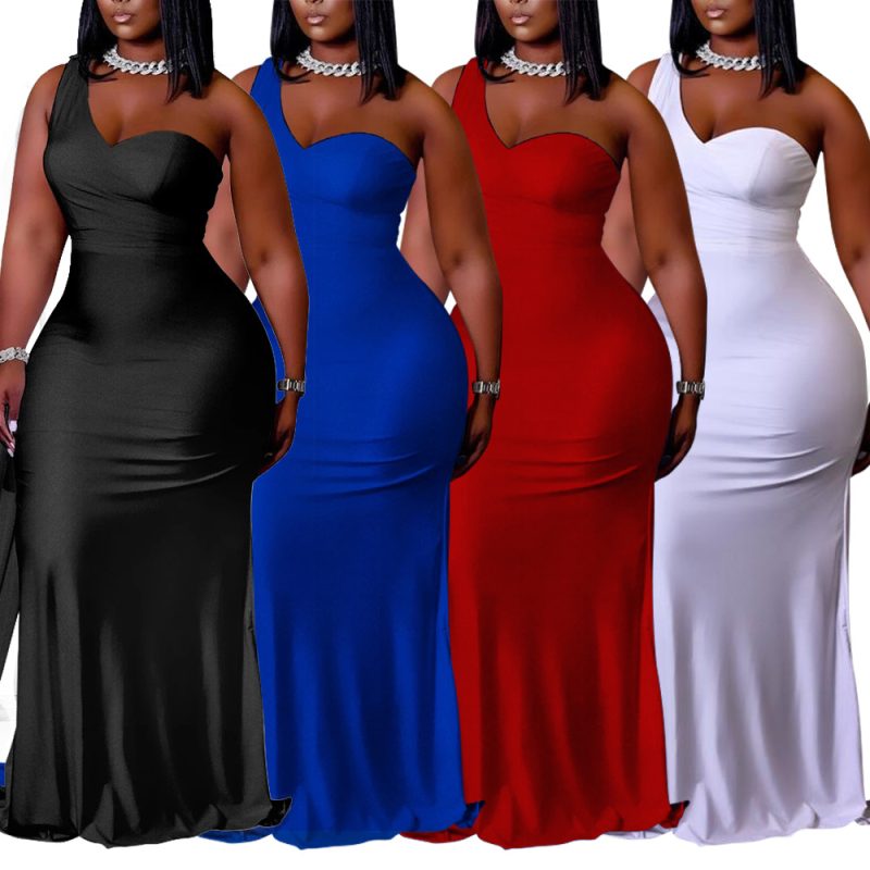 Plus Size Solid Color Evening Dress Sheath Long Slim Dress for Women - Image 3