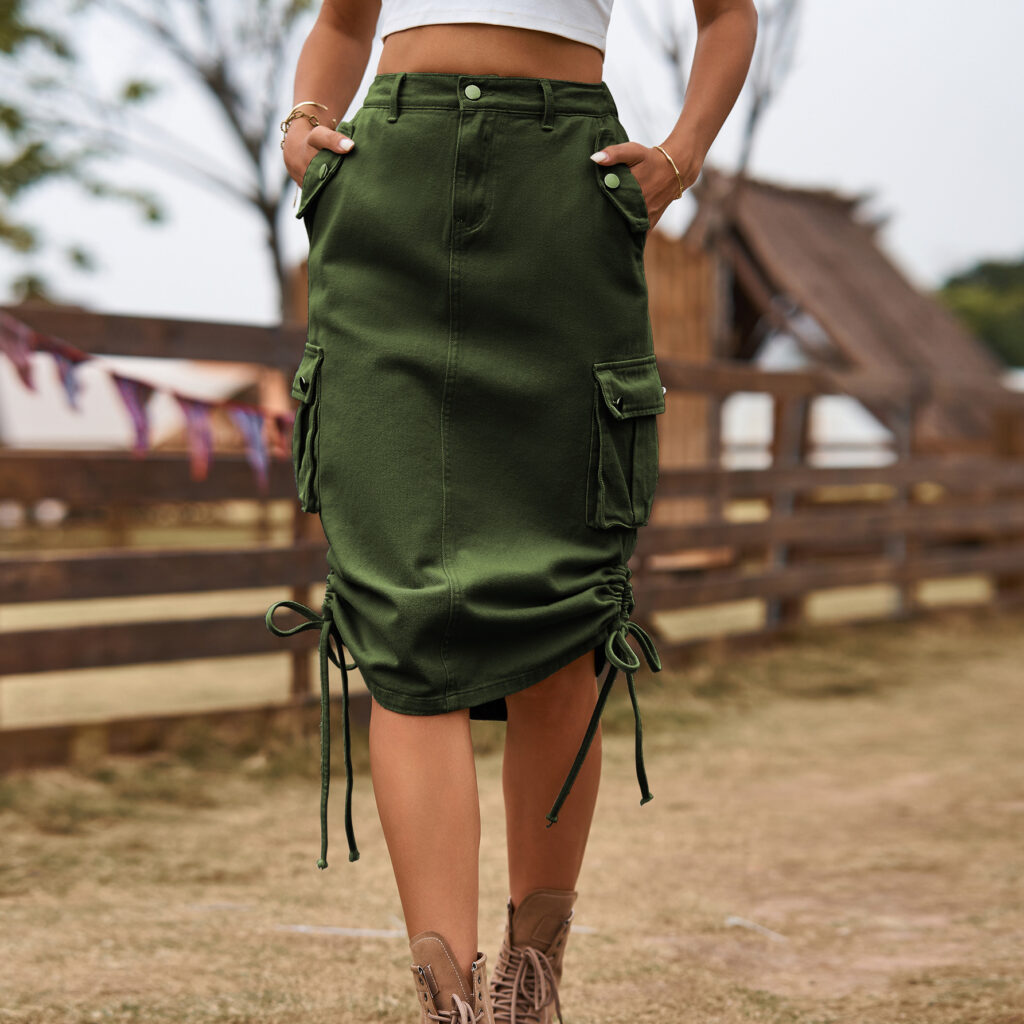 Women Clothing Denim Lace Up Skirt Casual Mid Length Skirt - Image 3