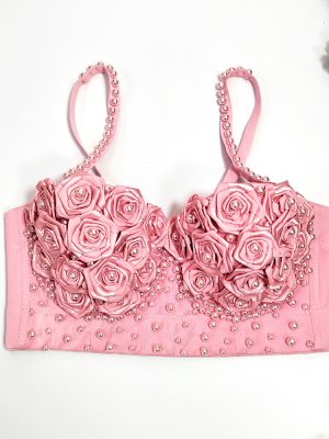 Three Dimensional Rose Floral Pearl Boning Corset Corset Waist Short Body Shaping Push Up Vest Bra Women