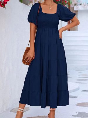 Summer Sweet Fresh Solid Color Midi Dress Square Collar Short Sleeve A Line Dress