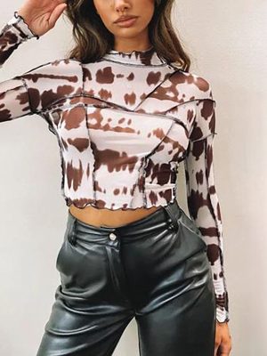 Fall Women Clothing round Neck Slim Fit Patchwork Printed Long Sleeve Sexy Backless Mesh Top