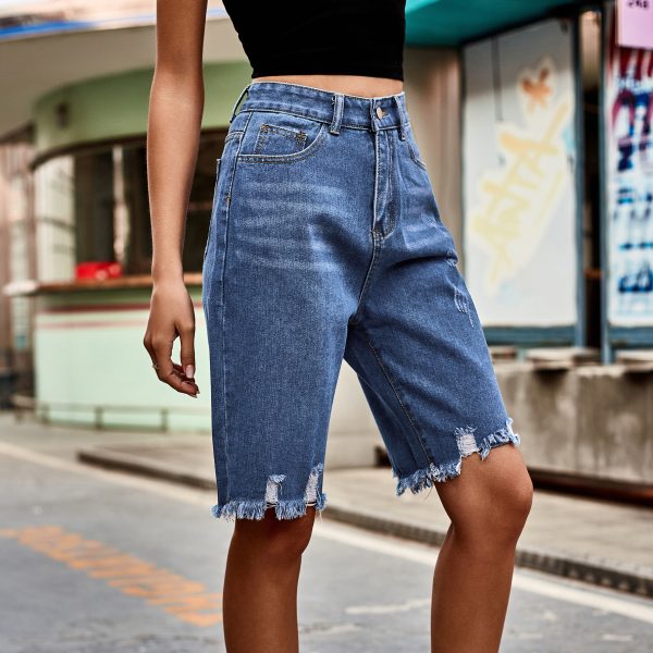 Denim With Hole Fifth Pants Fashionable Frayed Hem Tasseled Jeans Women - Image 3