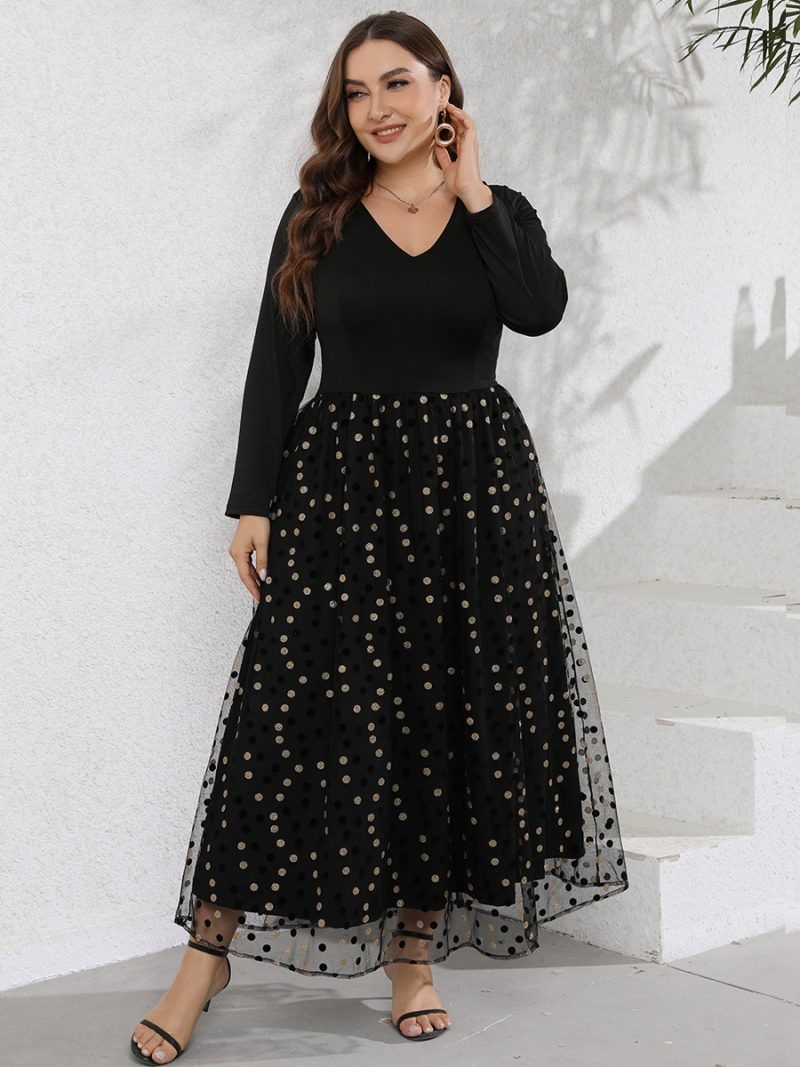 Plus Size Women Casual V Neck Long Sleeve Polka Dot Printed Pattern Swing Long Dress - Image 3