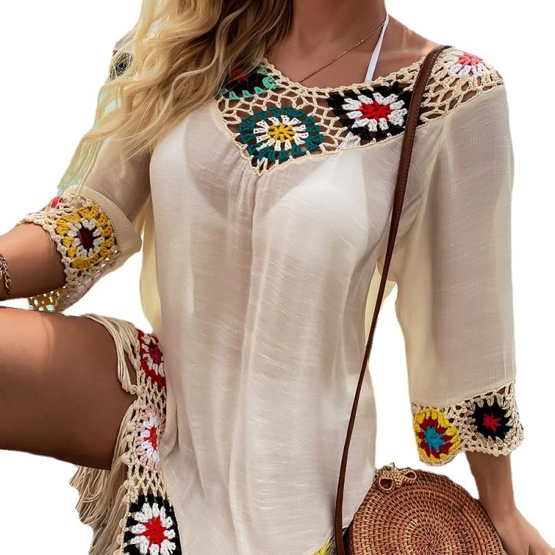 Spring Summer Women Clothing Net Red Lazy Beach Crocheted Blouse Mid-Length Dress - Image 5