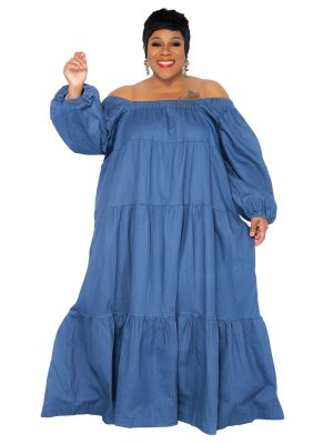 Plus Size Solid Color Denim Fabric Soft Women Swing Ruffled off-the-Neck Dress for Women