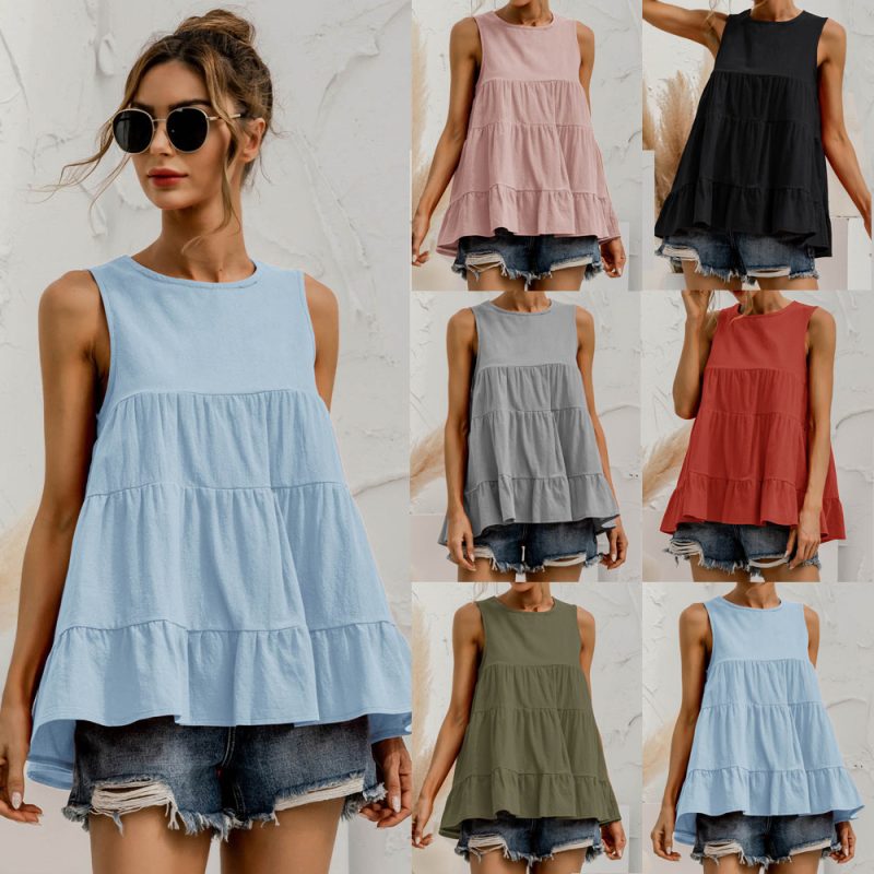 Spring Summer  round Neck Sleeveless Multi-Section Stitching Loose Big Hem Vest Top - Image 2