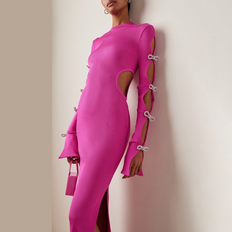 Rose Red Bow Hollow Out Cutout Out Dark Pattern Maxi Dress Elastic Bandage Waist Baring Dress Women Clothing