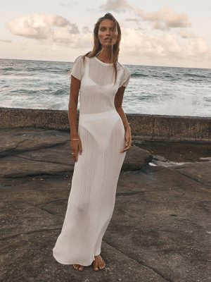 See Through Knitted Dress Casual Waist Tight Round Neck Big Pit Stripe Slimming Knitted Maxi Dress Women