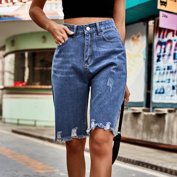 Denim With Hole Fifth Pants Fashionable Frayed Hem Tasseled Jeans Women - Image 4