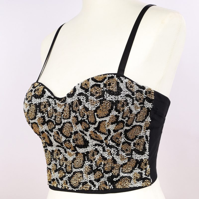Women Personalized Slim-Looking Beaded Backless Corset Short Leopard Print Outerwear Camisole Tube Top - Image 2