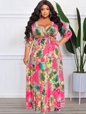 Plus Size Summer  Women Floral Leaf Print Loose  Dress with Belt