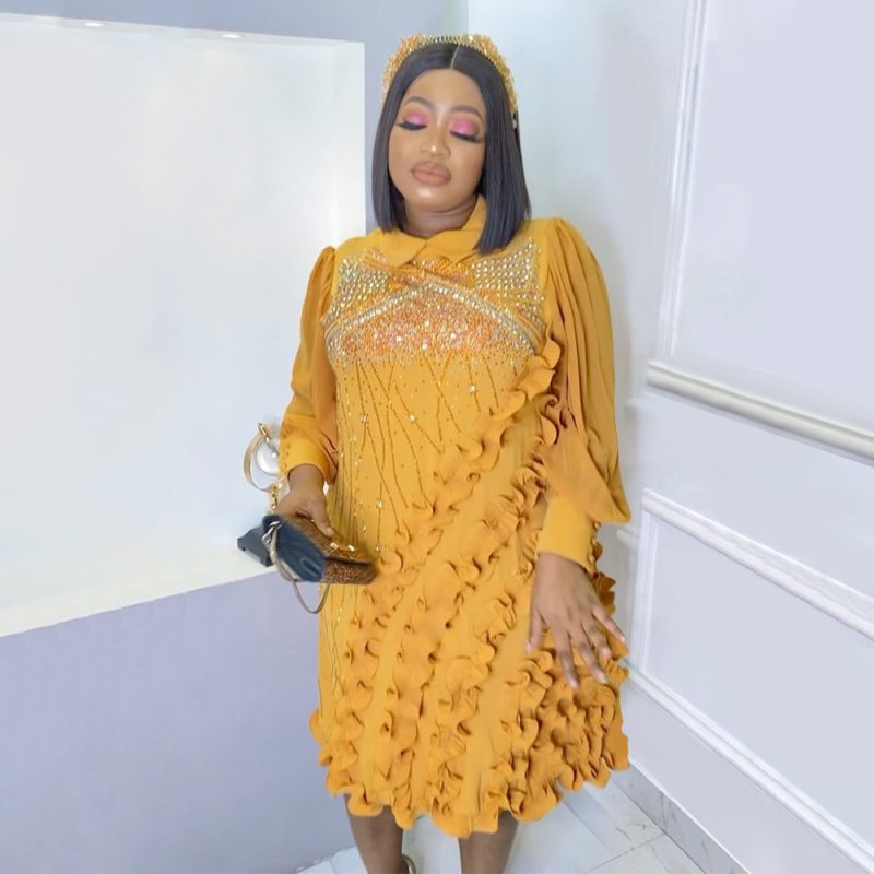 Plus Size round Neck Long Sleeve Rhinestone Dress Lace - Image 3