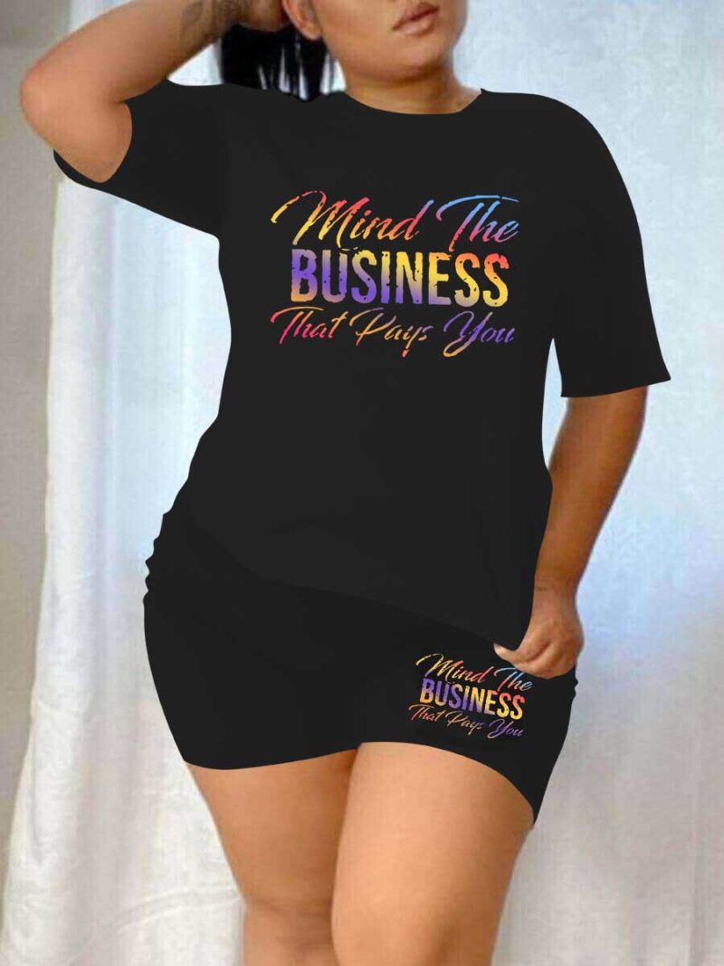 Women Suit T Shirt Shorts Set Loose Color Letters Printing Suit - Image 2
