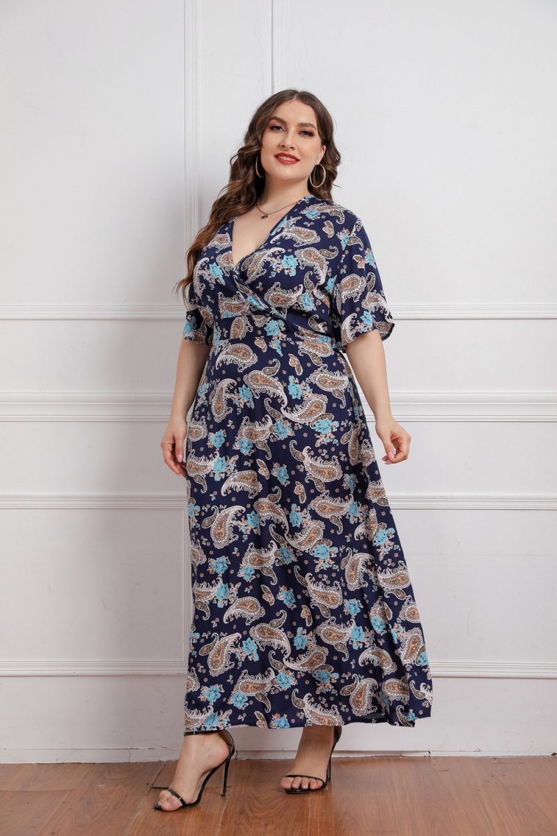 Plus Size Summer  Women V neck Girls Printed Short Sleeve Dress - Image 3
