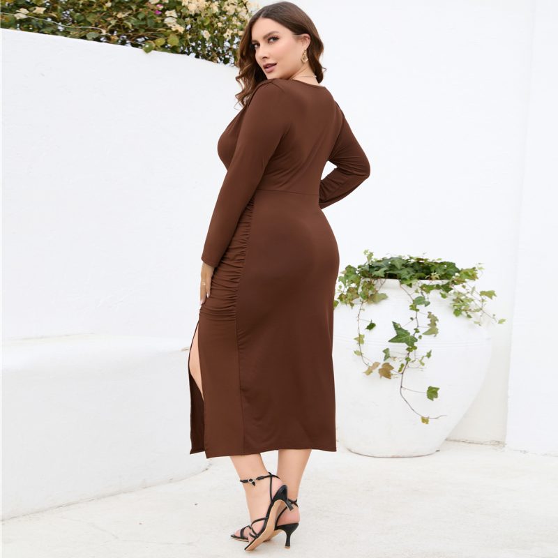 Plus Size Women Dress V neck Slim Knitted Slit Dress - Image 5