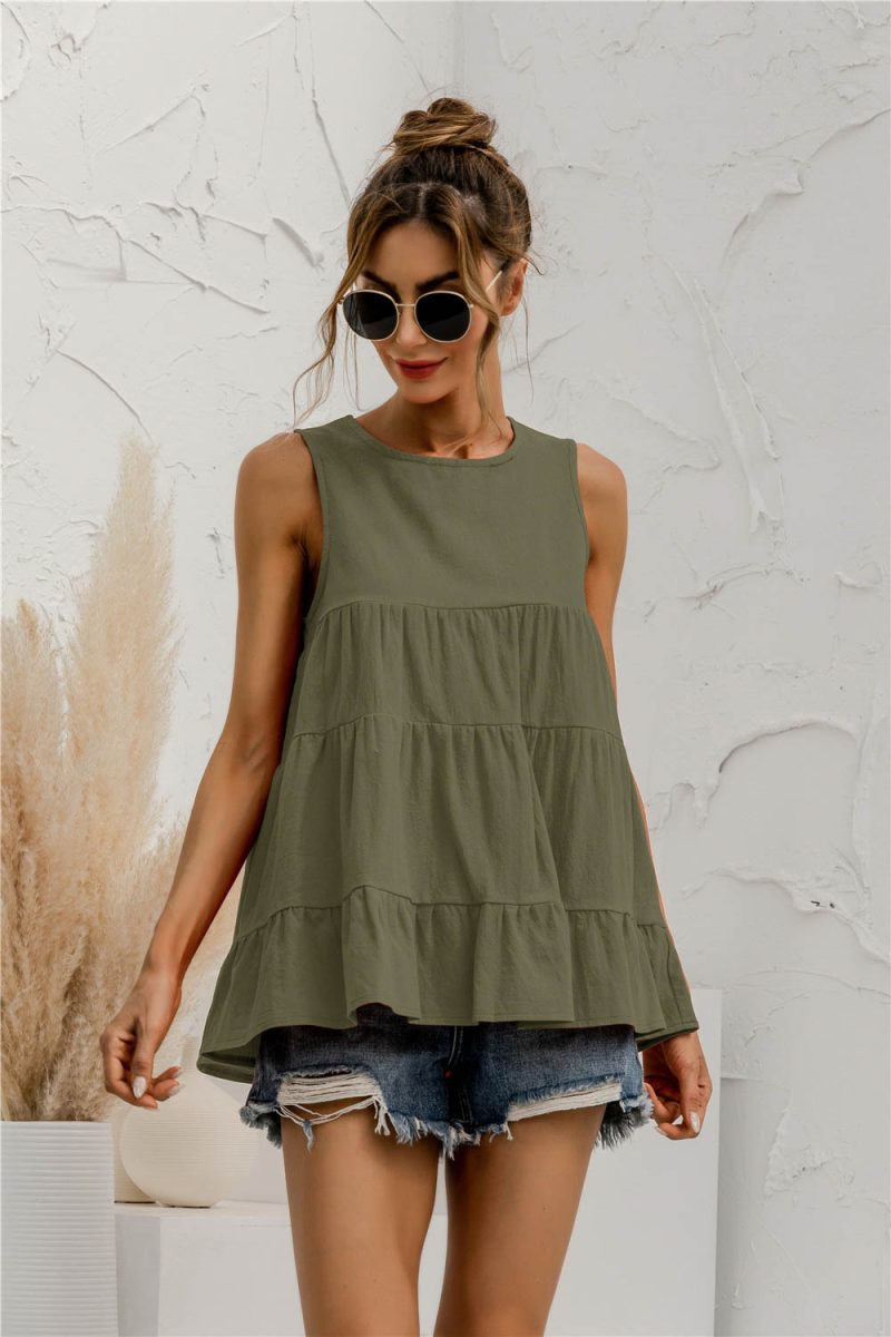 Spring Summer  round Neck Sleeveless Multi-Section Stitching Loose Big Hem Vest Top - Image 3